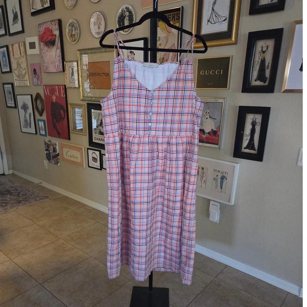 LOFT Whisper White Plaid Midi Dress Double Spaghetti Strap V-Neck Empire Waist - Picture 2 of 5